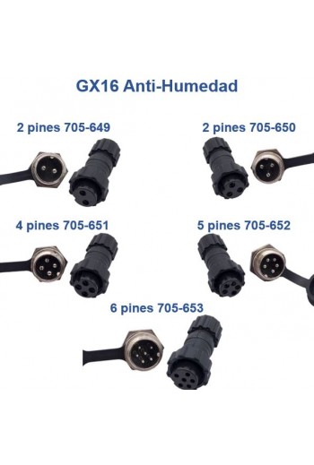 705-653 Conector Tipo Aviación, GX16,  Antihumedad, 6 Pines, Grande