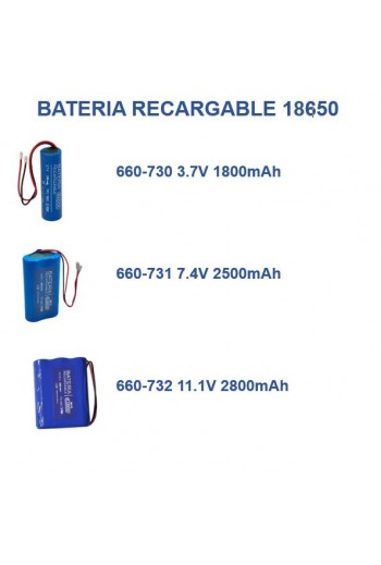 660-731 Batería Recargable de Litio 18650, 7.4V 2500mAh con Cables y Conector Universal
