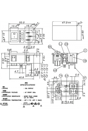 705-339 Tomacorriente Interlock con Interruptor y Porta Fusible, Empotrable, 120-250VAC 10A