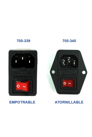 705-340 Tomacorriente Interlock con Interruptor , Piloto y Porta Fusible, Atornillable, 120-250VAC 10A