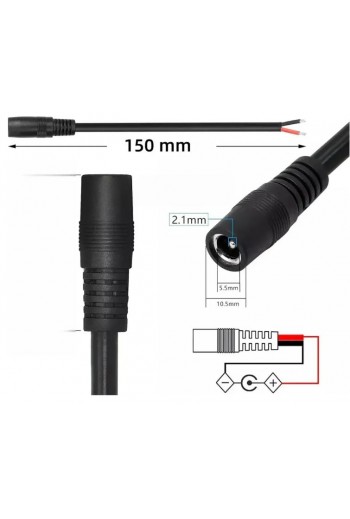 080-985 Plug y Jack para Tiras de Led 15 cm, Invertido 5.5X2.1mm, Color Negro