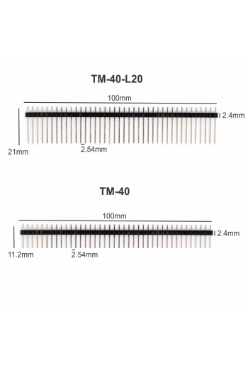 TM-40-L20 Tira de Pines Macho, Recto, Pitch 2.54mm, Largo 20mm