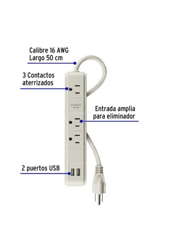 MUL-340U Multicontacto 16 AWG 3 Entradas 2 puertos USB Supresor 300 J 46089