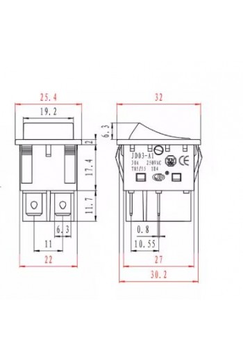 835-1046 Interruptor Switch Balancin 4 Terminales 2P 1T, Alta Potencia 30A 125 a 250VAC JW01-A1