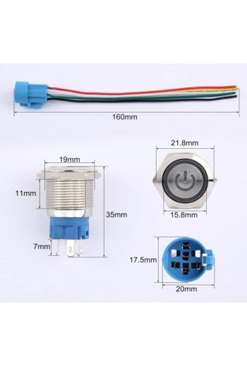 835-306 Interruptor Uso Rudo ON-OFF 1P 2T, 3A 12-24V Con Piloto Azul, Metálico, Diámetro 19mm