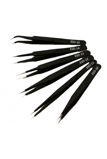 310-002 Juego de 6 Pinzetas Tweezer Metálicas con Cubierta Plástica ESD