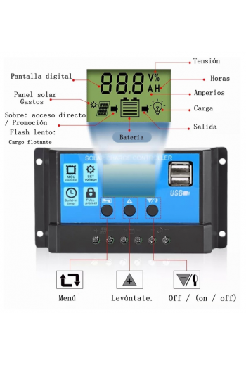 XS-439 Controlador de Carga Solar 30A 12V 24V, Con USB y LCD YJSS-30A