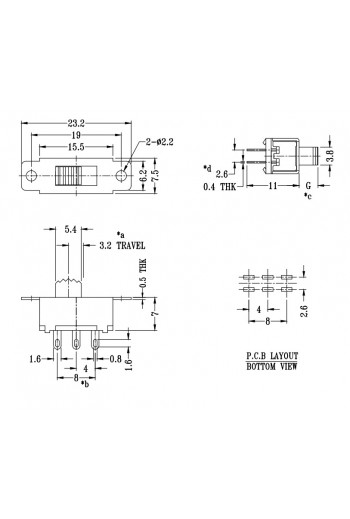 835-794 Mini Switch con Interruptor Deslizable 6 Pines Verticales, 2P-2T DP-DT SS-22F32