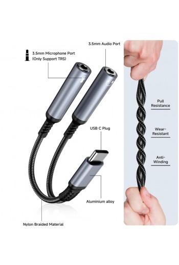 700-941 Adaptador USB Tipo C a Audio 3.5 mm y Micrófono TRS con DAC Hi-Fi, Divisor de Audio Estéreo