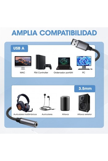 700-955 Adaptador USB a Jack 3.5 mm, Tarjeta de Sonido Externa USB para Audífonos y Micrófono
