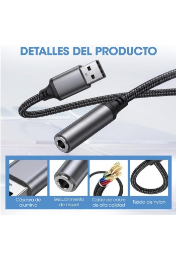 700-955 Adaptador USB a Jack 3.5 mm, Tarjeta de Sonido Externa USB para Audífonos y Micrófono