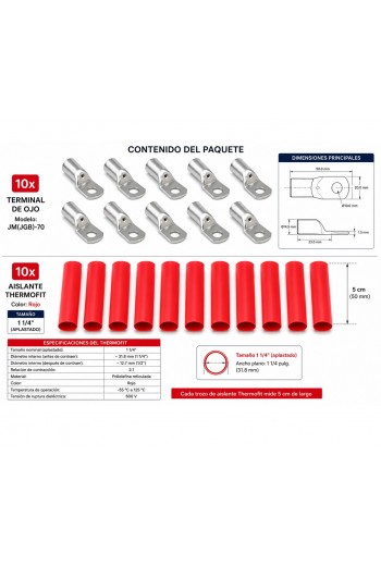 520-910 Terminal de Ojillo  1/2" 1/0 AWG M10 con Aislante Negro, Bolsa 10 Piezas JM(JGB)70-10