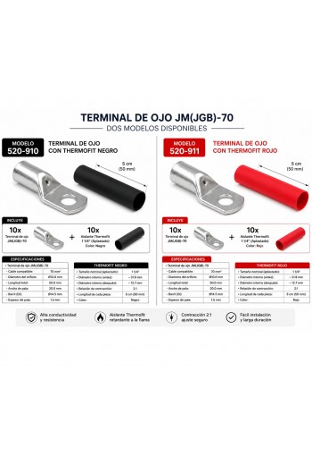 520-910 Terminal de Ojillo  1/2" 1/0 AWG M10 con Aislante Negro, Bolsa 10 Piezas JM(JGB)70-10