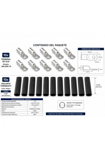 520-911 Terminal de Ojillo  1/2" 1/0 AWG M10 con Aislante Rojo, Bolsa 10 Piezas JM(JGB)70-10