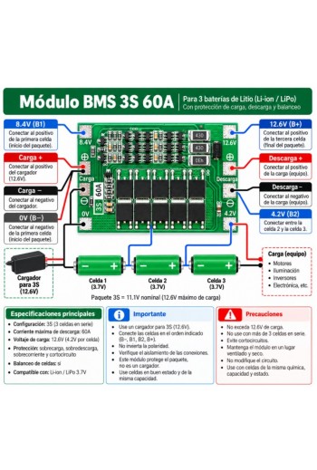 XS-592 Módulo BMS 3S 60A con Balanceo y Protección para 3 Baterías de Litio Li-ion LiPo 12.6V